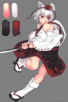 1girl animal_ears artist_name black_sandals black_skirt commentary_request detached_sleeves envenomist_(gengoroumaru) eyelashes geta grey_background grey_hair hat highres holding holding_sword holding_weapon inubashiri_momiji kneehighs one-hour_drawing_challenge red_eyes red_skirt ribbon-trimmed_sleeves ribbon_trim running sandals shield shield_on_back shirt short_hair simple_background skirt socks solo sword tabi tengu-geta tokin_hat touhou twitter_username weapon white_shirt white_sleeves white_socks wolf_ears wolf_girl