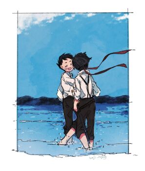 2boys ^_^ ace_attorney black_hair black_pants closed_eyes cloud collared_shirt commentary_request floating_headband hazime headband kazuma_asogi long_sleeves male_focus mountainous_horizon multiple_boys open_mouth outdoors pants red_headband ryunosuke_naruhodo shirt shirt_tucked_in sky smile standing suspenders the_great_ace_attorney water white_shirt