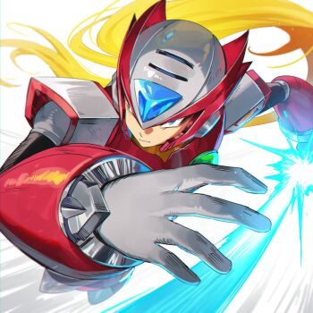 1boy armor blue_eyes chest_jewel energy_sword forehead_jewel full_body helmet highres holding holding_sword holding_weapon male_focus mega_man_(series) mega_man_x_(series) red_armor red_helmet simple_background solo sword weapon white_background yasaikakiage z_saber zero_(mega_man)