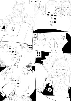 1boy 1girl anger_vein animal board_game comic faceless faceless_male go_(board_game) hand_up hishi_miracle_(umamusume) horse_girl horse_tail monochrome shirt sketch sweat tail trainer_(umamusume) umamusume uta_(xuyansong1996)