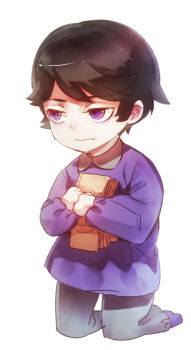 aged_down black_hair child closed_mouth commentary_request full_body holding holding_money jitome kaiki_deishuu kamizawa_(sark) kneeling long_sleeves looking_to_the_side money monogatari_(series) pants purple_eyes purple_shirt shirt short_hair simple_background white_background