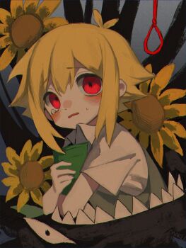 1boy absurdres alternate_eye_color antenna_hair basil_(faraway)_(omori) basil_(omori) blonde_hair blush book collared_shirt commentary double-parted_bangs film_grain flower grey_background hair_between_eyes hashtag-only_commentary highres holding holding_book looking_at_viewer makucrp male_focus medium_hair noose omori parted_lips red_eyes shirt short_sleeves sidelocks simple_background single_tear solo something_(omori) spoilers sunflower sweatdrop upper_body white_shirt yellow_flower