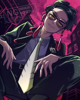 Rule 34 | 1boy, belt, belt buckle, black belt, black coat, black pants, black socks, buckle, building, cloud, coat, collared shirt, commentary request, corbeau (pokemon), lapels, looking at viewer, male focus, necktie, nintendo, open clothes, open coat, pants, parted lips, pink sky, pokemon, pokemon legends: z-a, purple shirt, round eyewear, shirt, shirt tucked in, sky, smile, socks, solo, squatting, tinted eyewear, togetoge igaiga, watermark, white necktie, wing collar, yellow eyes