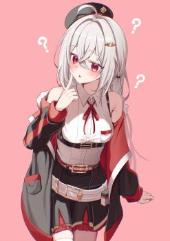 1girl ? absurdres ahoge bare_shoulders belt black_belt black_hat black_jacket blush breasts collared_shirt commentary commission cowboy_shot crossed_bangs hair_between_eyes hand_up hat highres jacket jinggun long_hair looking_to_the_side medium_breasts multicolored_jacket multiple_belts neck_ribbon off_shoulder open_mouth original red_background red_eyes red_jacket red_ribbon ribbon shirt simple_background sleeveless sleeveless_shirt solo two-tone_jacket white_belt white_hair white_shirt