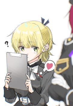 2girls ? belt blonde_hair bow bowtie clipboard commentary_request gingham_(gingham420) green_eyes hair_ornament heart heaven_burns_red highres holding holding_clipboard implied_yuri multiple_girls nanase_nanami_(heaven_burns_red) short_hair spoken_heart tezuka_saki