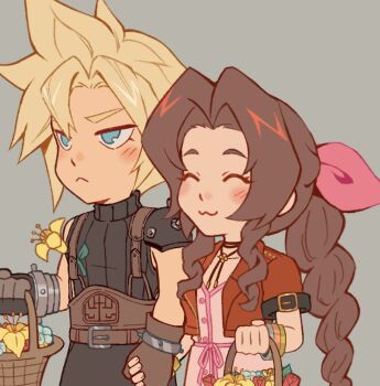1boy 1girl :3 aerith_gainsborough armor armored_gloves bangle basket belt black_pants black_shirt blonde_hair blue_eyes blue_flower blush bracelet braid braided_ponytail brown_belt brown_hair buttons chibi chibi_only choker closed_eyes cloud_strife couple cropped_jacket dress final_fantasy final_fantasy_vii final_fantasy_vii_remake flower flower_basket flower_choker grey_background hair_ribbon hetero highres holding holding_basket holding_hands jacket jewelry lily_(flower) multiple_belts pants parted_bangs pauldrons pink_dress pink_ribbon red_flower red_jacket ribbon rose shirt short_hair short_sleeves shoulder_armor sidelocks single_bare_shoulder single_braid single_pauldron sleeveless sleeveless_turtleneck softp3ach spiked_hair suspenders turtleneck upper_body yellow_flower