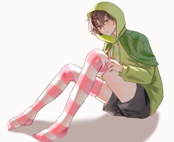 Rule 34 | 1boy, adjusting clothes, adjusting legwear, black hair, black shorts, capelet, closed mouth, eananaia, from side, full body, green capelet, green eyes, green hoodie, hair between eyes, highres, hood, hoodie, long sleeves, looking at viewer, male focus, no shoes, personification, pink thighhighs, short hair, shorts, simple background, solo, striped clothes, striped thighhighs, thighhighs, vedal987, vedal ai, virtual youtuber, white background, white thighhighs
