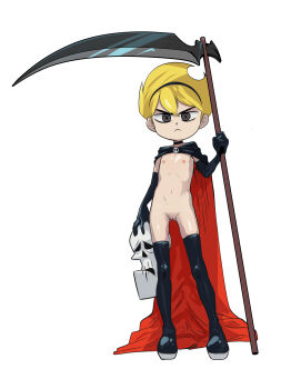 1girl 2024 absurdres arm_warmers black_cape blonde_hair boots cape cartoon_network censored choker flat_chest grim_(grim_adventures) hairband highres holding holding_scythe legs loli looking_at_viewer mandy_(grim_adventures) mosaic_censoring navel nipples pussy scythe short_hair skull standing stomach the_grim_adventures_of_billy_&amp;_mandy thighhighs thighs toon_(style) yellow_elephant_(artist)
