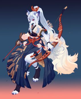 1girl animal_ear_fluff animal_ears ankle_strap arrow_(projectile) asymmetrical_sleeves b.i.a black_socks blue_background blue_claws blue_hair blue_nails blue_skirt bow_(weapon) bracelet brown_gloves chinese_commentary claws colored_sclera colored_tips commentary forehead full_body furry furry_female gloves gradient_background grey_sclera hair_ribbon hakama hakama_skirt high_ponytail highres holding holding_arrow holding_bow_(weapon) holding_weapon holster japanese_clothes jewelry knife knife_sheath leg_up long_hair long_sidelocks long_sleeves multicolored_hair muneate no_shoes orange_background original partially_fingerless_gloves partly_fingerless_gloves pleated_skirt ponytail quiver red_eyes red_ribbon red_rope red_sash ribbon rope sash sheath sheathed short_eyebrows short_sleeves side_slit sidelocks single_glove skirt socks solo standing standing_on_one_leg tail thigh_holster thigh_sheath thigh_strap toeless_socks two-sided_fabric two-sided_skirt two-tone_hair two-tone_skirt uneven_sleeves uwagi very_long_hair waist_sash weapon wolf_ears wolf_girl wolf_tail yellow_skirt yugake