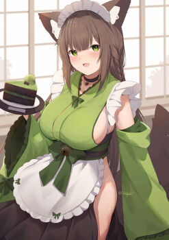1girl :d absurdres animal_ear_fluff animal_ears apron artist_name black_choker braid breasts brown_hair cake cake_slice choker commentary_request detached_sleeves fang food fox_ears fox_girl fox_tail frilled_apron frills green_eyes green_kimono green_sleeves highres hinata_(user_rjkt4745) holding holding_plate japanese_clothes kimono large_breasts long_hair looking_at_viewer maid maid_headdress open_mouth original paid_reward_available plate sideboob sideless_kimono signature skin_fang smile solo tail wa_maid waist_apron wide_sleeves