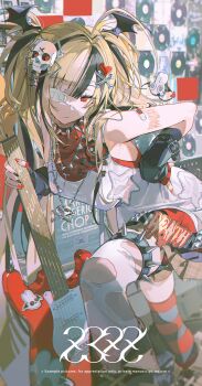 Rule 34 | 1girl, absurdres, arm tattoo, arm warmers, bandaid, bare shoulders, black arm warmers, black hair, blonde hair, bone hair ornament, boots, breasts, choker, cross, cross necklace, electric guitar, eyepatch, guitar, hair ornament, hand on own hip, heart, heart hair ornament, highres, holding, holding guitar, holding instrument, instrument, jewelry, layered shirt, leaning forward, medical eyepatch, medium breasts, multicolored hair, multiple necklaces, nail polish, necklace, original, punk, red eyes, red shirt, shirt, single sock, single thighhigh, skull and crossbones, skull hair ornament, skull necklace, socks, solo, spiked choker, spiked thigh strap, spikes, sticker, streaked hair, tattoo, thighhighs, torn clothes, torn thighhighs, twintails, white shirt, wing hair ornament, z3zz4