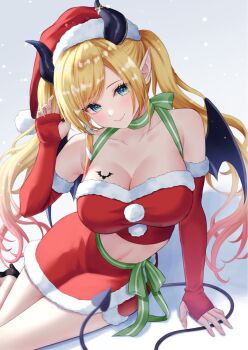 1girl blonde_hair blue_eyes breasts cleavage demon_girl demon_horns demon_tail demon_wings elbow_gloves fingerless_gloves fur-trimmed_gloves fur-trimmed_shirt fur-trimmed_skirt fur_trim gloves highres hololive horns large_breasts long_hair looking_at_viewer mary_is_mine pointy_ears red_gloves red_shirt red_skirt santa_costume shirt skirt smile solo tail twintails very_long_hair virtual_youtuber wings yuzuki_choco