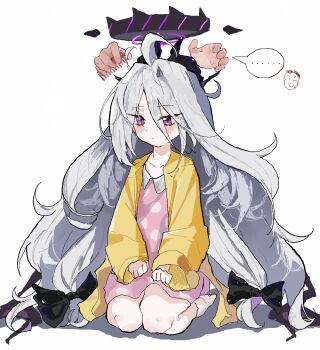 1girl black_halo blue_archive blush breasts demon_girl demon_horns demon_wings disembodied_hand doodle_sensei_(blue_archive) halo highres hina_(blue_archive) hina_(pajamas)_(blue_archive) horns hwww=3 jacket long_hair low_wings pajamas pink_pajamas polka_dot polka_dot_pajamas purple_eyes sensei_(blue_archive) sitting small_breasts very_long_hair white_hair wings yellow_jacket