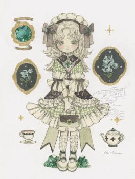 Rule 34 | 1girl, acrylic paint (medium), bag, blonde hair, blush, bow, brooch, closed mouth, collared dress, cup, dress, frilled dress, frilled shirt collar, frilled skirt, frills, full body, gem, gingham clothes, gingham dress, green eyes, green skirt, hair ribbon, handbag, headband, highres, holding, instagram logo, instagram username, jewelry, karintoun, lace, looking at viewer, maid headdress, mary janes, medium hair, necklace, original, own hands together, painting (medium), pale skin, parted bangs, pendant, postmark, ribbon, shoes, short sleeves, signature, simple background, skirt, socks, standing, straight-on, teacup, teapot, traditional media, twitter username, twitter x logo, watercolor (medium), watermark, wavy hair, white background, white socks