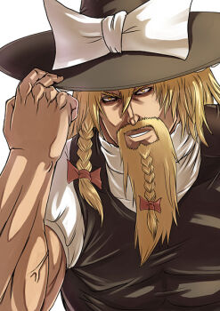 1boy beard beard_bow black_hat black_vest blonde_hair blouse bow braid braided_beard cho_marisa commentary_request facial_hair genderswap genderswap_(ftm) grin hair_between_eyes hair_bow hat hat_bow kirisame_marisa long_hair looking_at_viewer male_focus manlification mitsuki_yuuya red_bow shirt side_braid simple_background smile solo touhou upper_body vest white_background white_hat white_shirt witch_hat yellow_eyes