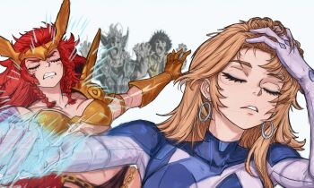 2boys 2girls abs ai-generated_art_(topic) angela_(marvel) armor ash_baby_(meme) bodypaint bodysuit breasts cleavage commentary english_commentary fantastic_four highres jujutsu_kaisen large_breasts long_hair marvel marvel_rivals meme metal_bra multicolored_bodysuit multiple_boys multiple_girls muscular muscular_female orangtheman red_hair simple_background smile sue_storm thor_(marvel) thor_(marvel)_(series) two-tone_bodysuit wolverine_(x-men) x-men