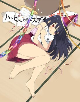 1girl :t barefoot birthday birthday_party black_hair cake closed_mouth confetti curled_up dress eyepatch flat_chest food game_cg gift happy_birthday hat holding holding_gift hugging_object long_hair lying mirai_(senran_kagura) mitsudomoe_(shape) official_art on_floor on_side party party_hat pillow pillow_hug pink_tank_top pout red_dress red_eyes red_skirt senran_kagura senran_kagura_new_wave senran_kagura_shoujo-tachi_no_shin'ei skirt solo spaghetti_strap spill strap_slip streamers table tank_top tatami tomoe_(symbol)