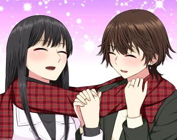 2girls absurdres black_coat black_hair brown_hair closed_eyes coat commentary_request earrings gradient_background highres holding_hands interlocked_fingers jewelry long_hair multiple_girls open_mouth original purple_background red_scarf ring ryuusa scarf shared_clothes shared_scarf short_hair smile wedding_ring white_background white_coat wife_and_wife yuri