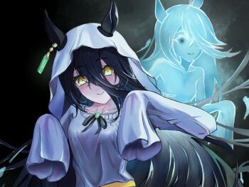 2girls absurdres animal_ears artist_name black_hair black_ribbon breasts closed_mouth collarbone cropped dress ear_ornament ear_tag earrings ghost_pose hair_between_eyes hair_over_one_eye hands_up highres horse_ears horse_girl jewelry long_hair long_hair_between_eyes looking_at_viewer manhattan_cafe_(umamusume) masasan multiple_girls neck_ribbon ribbon sheet_ghost signature single_earring sleeves_past_fingers sleeves_past_wrists small_breasts smile tongue tongue_out umamusume very_long_hair white_dress yellow_eyes