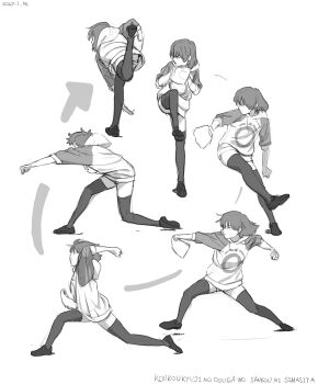 1girl arrow_(symbol) ball baseball baseball_glove commentary_request dated floating_hair from_side full_body greyscale highres holding holding_ball hood hood_down hoodie idolmaster idolmaster_million_live! looking_ahead medium_hair monochrome multiple_views nagayoshi_subaru pitching profile raglan_sleeves romaji_commentary romaji_text sequential shoes short_shorts short_sleeves shorts simple_background sketch standing standing_on_one_leg thighhighs translation_request yoroi_jinkotu