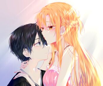1boy 1girl asuna_(sao) bare_shoulders black_hair black_shoes braid breasts brown_hair commentary couple grey_eyes hair_between_eyes half_up_half_down_braid hand_on_another's_neck hand_on_another's_shoulder hetero istriri kirito light_rays long_hair nightgown orange_hair pink_nightgown portrait shoes short_hair sidelocks small_breasts sword_art_online symbol-only_commentary white_background