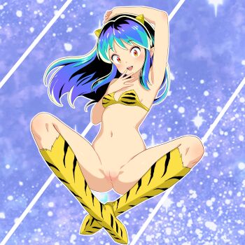 1girl absurdres animal_print aqua_hair bikini blue_hair boots bottomless breasts cleft_of_venus commentary_request cone_horns full_body gradient_hair highres horns knee_boots long_hair looking_at_viewer lum multicolored_hair navel open_mouth pointy_ears print_bikini pussy rpca sidelocks small_breasts small_horns smile solo spread_legs strapless strapless_bikini striped_horns swimsuit thighs tiger_print uncensored urusei_yatsura yellow_bikini yellow_boots yellow_horns