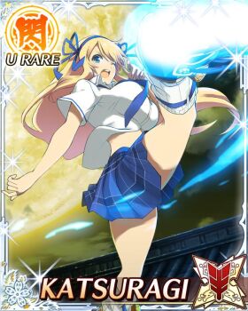 1girl :o armored_boots blonde_hair blue_necktie blue_ribbon blue_sky boots border breasts card_(medium) character_name full_moon game_cg green_eyes hair_ribbon katsuragi_(senran_kagura) large_breasts long_hair midriff moon necktie night night_sky official_art on_roof one_eye_closed plaid_clothes plaid_skirt ribbon roundhouse_kick senran_kagura senran_kagura_new_wave shirt skirt sky solo teeth third-party_source upper_teeth_only very_long_hair white_shirt