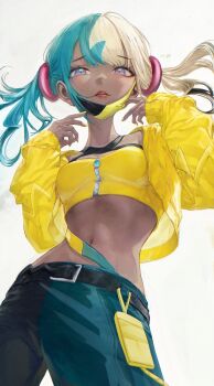 1girl absurdres aqua_hair bandeau belt black_belt black_mask black_pants blonde_hair blue_eyes blue_pants blush breasts canari_(pokemon) criss-cross_halter crop_top hair_ornament halterneck highres jacket mask mask_pull medium_breasts midriff mouth_mask multicolored_hair navel nintendo open_mouth pants parted_lips pokemon pokemon_legends:_z-a red_lips renoahh short_twintails simple_background small_breasts solo split-color_hair twintails two-tone_hair two-tone_mask white_background yellow_bandeau yellow_jacket yellow_mask