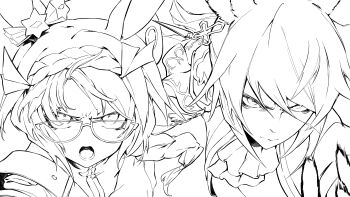 2girls absurdres animal_ears armor ascot braid commentary commission cross cross_earrings crown_braid ear_ornament earrings english_commentary furrowed_brow glasses hair_over_shoulder hair_ribbon hasukurira highres horse_ears horse_girl jewelry mixed-language_commentary multiple_girls pauldrons pixiv_commission racing ribbon shoulder_armor silhouette single_earring single_pauldron symboli_kris_s_(onyx_soldier)_(umamusume) symboli_kris_s_(umamusume) tsurime umamusume zenno_rob_roy_(heroic_author)_(umamusume) zenno_rob_roy_(umamusume)