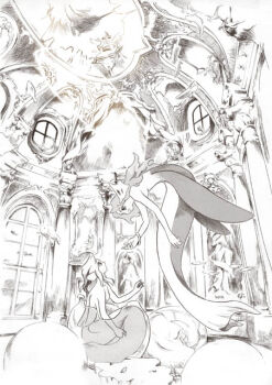 arched_window architecture artist_name bad_id bracelet breasts broken_window cathedral church cross crosshatching fins fish from_side greyscale hatching hatching_(texture) head_fins hirai_yukio indoors jewelry latin_cross linear_hatching lineart long_hair looking_at_another looking_up manta_ray medium_breasts mermaid monochrome monster_girl muntins nude open_mouth original picture_frame profile round_window single_bracelet statue sunlight underwater water wavy_hair white_tail window