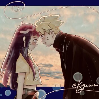 1boy 1girl ahoge bent_over black_cloak black_hair black_pants blonde_hair blue_eyes boruto:_two_blue_vortex brother_and_sister cloak facial_mark highres koguma_05 long_hair looking_at_viewer midriff_peek naruto_(series) pants shirt short_hair siblings twitter_username uzumaki_boruto uzumaki_himawari whisker_markings yellow_shirt