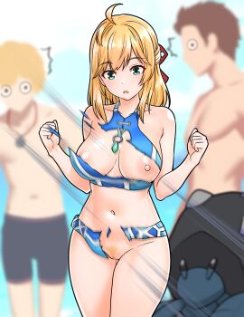 1girl 2boys absurdres bikini black_male_swimwear blonde_hair blue_bikini blurry blurry_background bow breasts brown_hair character_request collarbone fiora_(xenoblade) furaggu_(frag_0416) green_eyes hair_bow hands_up highres long_hair looking_at_viewer male_swimwear multiple_boys navel nipples red_bow short_hair smile solo_focus standing stomach swim_trunks swimsuit thighs topless_male torn_bikini torn_clothes variant_set xenoblade_chronicles_(series) xenoblade_chronicles_1