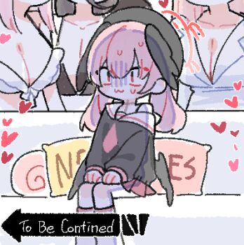 4girls beret black_hair blue_archive breasts casting_couch cleavage couch halo hanako_(blue_archive) hanako_(swimsuit)_(blue_archive) hasumi_(blue_archive) hasumi_(swimsuit)_(blue_archive) hat heart imminent_gangbang koharu_(blue_archive) koharu_(swimsuit)_(blue_archive) large_breasts lowres meme mika_(blue_archive) mika_(swimsuit)_(blue_archive) multiple_girls nagakiras2 on_couch parody pink_hair piper_perri_surrounded_(meme) scene_reference surrounded to_be_continued yuri