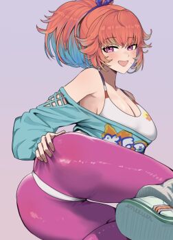 1980s_fashion 1girl ass earrings eneeues floral_print_leotard grabbing_own_ass hololive hololive_english hoop_earrings jewelry leggings leotard off-shoulder_sweater off_shoulder official_alternate_costume official_alternate_hairstyle open_mouth orange_hair pantyhose print_leotard purple_eyes purple_leggings shiny_clothes simple_background smile solo sweat sweater takanashi_kiara takanashi_kiara_(fever_night) virtual_youtuber white_leotard