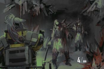 1girl 2others aiming animal_ears arknights blood bodysuit cat_ears crosshair crystal fake_screenshot gun handgun heads-up_display highres holding holding_weapon horror_(theme) jessica_(arknights) jessica_(iron_block)_(arknights) material_growth multiple_others mutomorokoshi originium_(arknights) oripathy_lesion_(arknights) ponytail possessed_soldier_(arknights) reunion_soldier_(arknights) revision user_interface weapon zombie