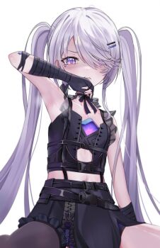 1girl absurdres arm_wrap armpits black_gloves black_shirt black_skirt black_thighhighs castellayaki chest_jewel gem gloves grey_hair highres hololive hololive_english jewel_under_eye koseki_bijou koseki_bijou_(casual) long_hair looking_at_viewer material_growth official_alternate_costume official_alternate_hairstyle purple_eyes purple_gemstone shirt simple_background single_thighhigh skirt solo thighhighs twintails virtual_youtuber white_background