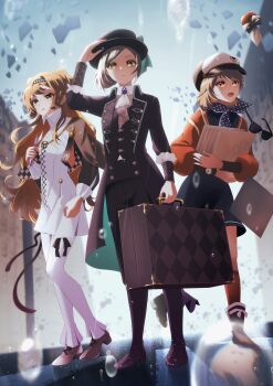 3girls :o absurdres ankle_boots apple apple_(reverse:1999) arm_up ascot black_boots black_bow black_bowtie black_coat black_hat black_pants black_vest blue_dress blue_neckerchief boater_hat boots bow bowtie brown_hair building checkered_hairband coat collared_dress commentary_request dress food fruit full_body glass_pen grey_cloak grey_hair grey_shoes grey_sky grey_sleeves hair_bun hairband hand_on_headwear hand_up hat high_collar highres holding holding_pen holding_record_jacket hugging_object long_hair looking_up milmil7 multiple_girls neckerchief newsboy_cap open_mouth orange_eyes orange_hair pants pants_under_dress pen polka_dot_neckerchief rain record_jacket red_socks regulus_(reverse:1999) reverse:1999 shards shirt shoes short_dress short_hair single_side_bun sky socks sonetto_(reverse:1999) standing suitcase sunglasses traditional_bowtie two_side_up unworn_eyewear vertin_(reverse:1999) very_long_hair vest waistcoat water_drop white_ascot white_dress white_pants white_shirt