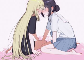 2girls bare_shoulders black_shirt blonde_hair blue_neckerchief chinese_commentary cho_kaguya-hime! closed_eyes commentary_request haidao_mao hair_bun highres imminent_kiss kaguya_(cho_kaguya-hime!) long_hair multiple_girls neckerchief pleated_skirt sailor_collar sakayori_iroha school_uniform shirt single_hair_bun sitting skirt sweat wariza yuri