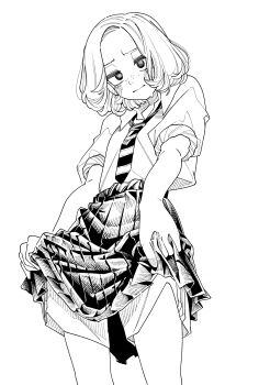 1girl absurdres blush closed_mouth clothes_lift collared_shirt cowboy_shot embarrassed freckles from_below furrowed_brow gavucchi greyscale gym_shorts hatching_(texture) head_down highres lifting_own_clothes linear_hatching looking_at_viewer looking_down loose_necktie medium_hair monochrome necktie open_collar original parted_bangs pleated_skirt school_uniform shirt shirt_tucked_in short_sleeves shorts shorts_under_skirt simple_background skirt skirt_lift sleeves_rolled_up solo standing striped_necktie sweatdrop upskirt white_background