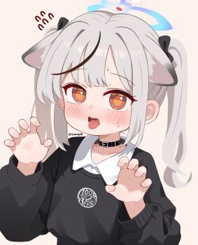 1girl alternate_hair_length alternate_hairstyle animal_ear_fluff animal_ears artist_name belt_collar black_bow black_sweater blue_archive blue_halo blush bow collar collarbone commentary fang grey_hair hair_bow halo highres kokona_(blue_archive) looking_at_viewer medium_hair orange_eyes shirt simple_background solo sseopik sweater teeth tongue twintails white_shirt yellow_background