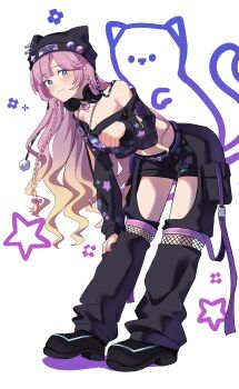 Rule 34 | 1girl, 89ru0, absurdres, anyoji hime, bare shoulders, beanie, bent over, black hat, black shirt, black shorts, blonde hair, braid, breasts, cat, cleavage, commentary, crotchless, crotchless pants, gradient hair, hand on own knee, hat, headphones, headphones around neck, highres, link! like! love live!, long hair, long sleeves, looking at viewer, love live!, midriff, multicolored hair, navel, nyao signyal, nyao signyal cat, off-shoulder shirt, off shoulder, official alternate costume, pants, paw pose, pink hair, shirt, shorts, side braids, star (symbol), very long hair, virtual youtuber, wavy hair, white background
