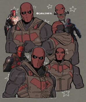 1boy bat_signal batman_(series) batman_symbol black_bodysuit black_gloves bodysuit chibi ciricearts dc_comics gloves gotham_knights highres hood hooded_vest hoodie jason_todd male_focus mask multiple_views muscular muscular_male red_hood_(dc) red_mask superhero_costume twitter_username vest