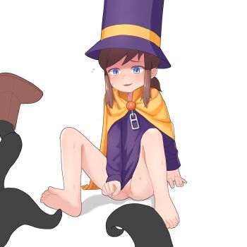 1girl a_hat_in_time absurdres bar_censor barefoot blush cape censored cleft_of_venus dress dress_tug feet flying_sweatdrops full_body hat hat_kid highres loli low_ponytail no_panties onion_(tamanegi) pointless_censoring ponytail purple_dress purple_headwear pussy sidelocks simple_background sitting smile soles sweat tentacles toes top_hat white_background yellow_cape