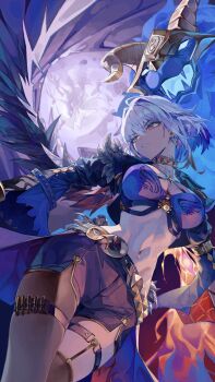 1girl absurdres black_jacket black_pantyhose black_shorts black_wings blue_bra blue_hair bokk_eouh bra breasts chimera_(wuthering_waves) cleavage commentary cropped_jacket earrings feathered_wings galbrena_(wuthering_waves) gold_choker grey_hair hair_between_eyes highres jacket jewelry large_breasts looking_to_the_side mole mole_on_neck navel pantyhose parted_lips purple_eyes shorts single_leg_pantyhose single_thighhigh single_wing stomach tacet_discord_(wuthering_waves) thigh_strap thighhighs thighs underwear wings wuthering_waves