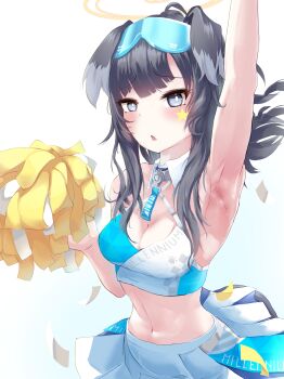 1girl absurdres animal_ears armpits black_hair blue_archive blue_eyes breasts cheerleader cleavage hibiki_(blue_archive) hibiki_(cheer_squad)_(blue_archive) highres long_hair looking_at_viewer tutuuraura88