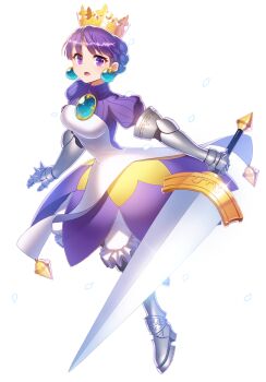 1girl armor bloomers crown earrings female_focus full_body gauntlets gold_crown gradriel gradriel_de_valendia greaves jewelry kail princess_crown purple_eyes purple_hair short_hair solo sword transparent_background underwear weapon white_background white_bloomers