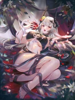 1girl absurdres apple arknights bare_shoulders barefoot bikini black_bikini black_choker breasts choker commentary_request culiu flower food fruit grey_hair hair_flower hair_ornament hand_up highres holding holding_food holding_fruit horns infection_monitor_(arknights) jewelry large_breasts long_hair looking_at_viewer lying material_growth mudrock_(arknights) mudrock_(silent_night)_(arknights) navel necklace official_alternate_costume oripathy_lesion_(arknights) parted_lips pointy_ears red_eyes solo stomach swimsuit thighs very_long_hair yellow_flower