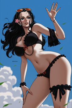 1girl armpit_peek artist_name bare_shoulders bikini black_bikini black_hair blue_eyes blue_sky blush bow bow_bra bow_panties bra bracelet breasts cloud collarbone contrapposto day eyewear_on_head falling_leaves fingernails floating_hair flower frilled_bikini frilled_thigh_strap frilled_wristband frills groin hair_flower hair_ornament hand_on_own_thigh highres jewelry large_breasts leaf long_fingernails long_hair looking_afar nail_polish narrow_waist navel nico_robin one_piece orange-tinted_eyewear outdoors panties parted_lips pink_nails prixmal red_bow sky solo stomach sunglasses sunlight swimsuit thigh_strap thighs tinted_eyewear underwear waving wavy_hair white-framed_eyewear wide_hips wind wristband