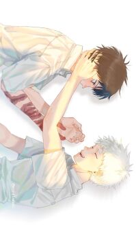 Rule 34 | 2boys, black hair, blush, closed eyes, collared shirt, commentary request, grey eyes, hand on another's cheek, hand on another's face, highres, hikaru ga shinda natsu, indou hikaru, looking at another, male focus, mole, mole on arm, mole under eye, multiple boys, multiple moles, mycpbanzai, nose blush, open mouth, scar, scar on arm, shirt, short hair, sideways, simple background, slit pupils, tsujinaka yoshiki, twitter username, white background, white hair, white shirt