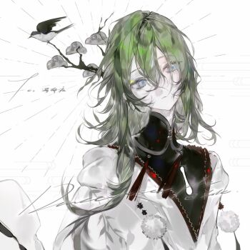 1boy androgynous bird blue_eyes branch eyeshadow green_hair hair_between_eyes hair_ornament head_tilt heilanshuimuchu highres japanese_clothes long_hair makeup male_focus original pom_pom_(clothes) simple_background solo tassel upper_body white_background